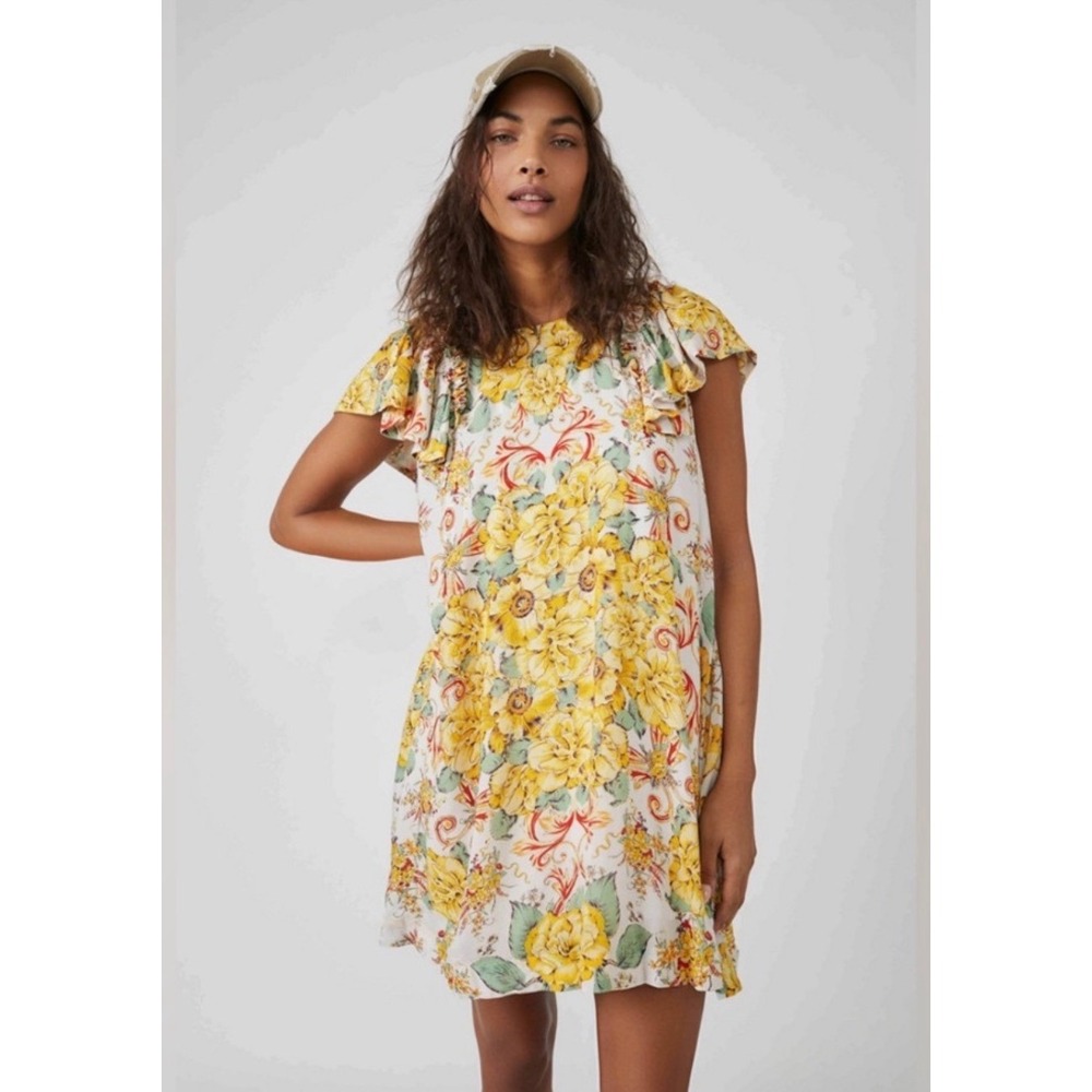 Free People Yellow Yara Floral Ruffle Sleeve Mini Dress Pockets Size S Boho